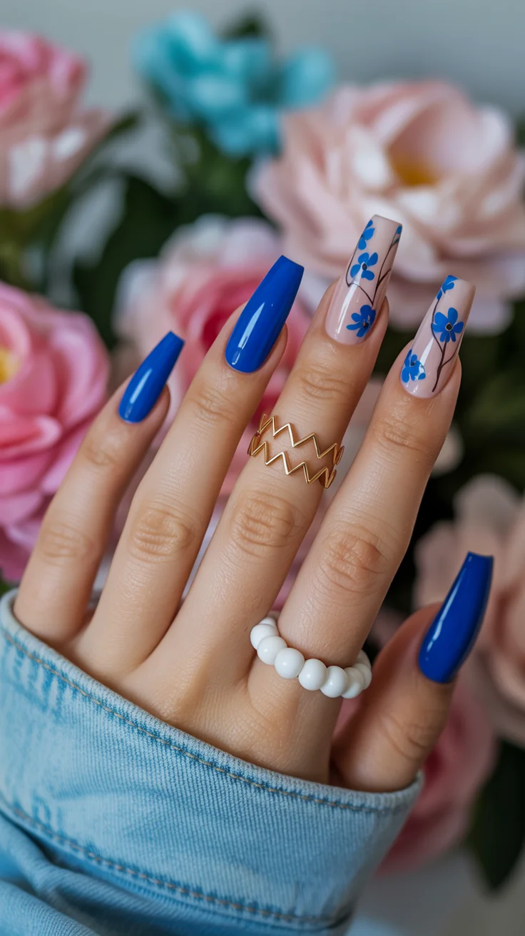 April nails ideas 2026 Royal Blue Floral Accent Nails