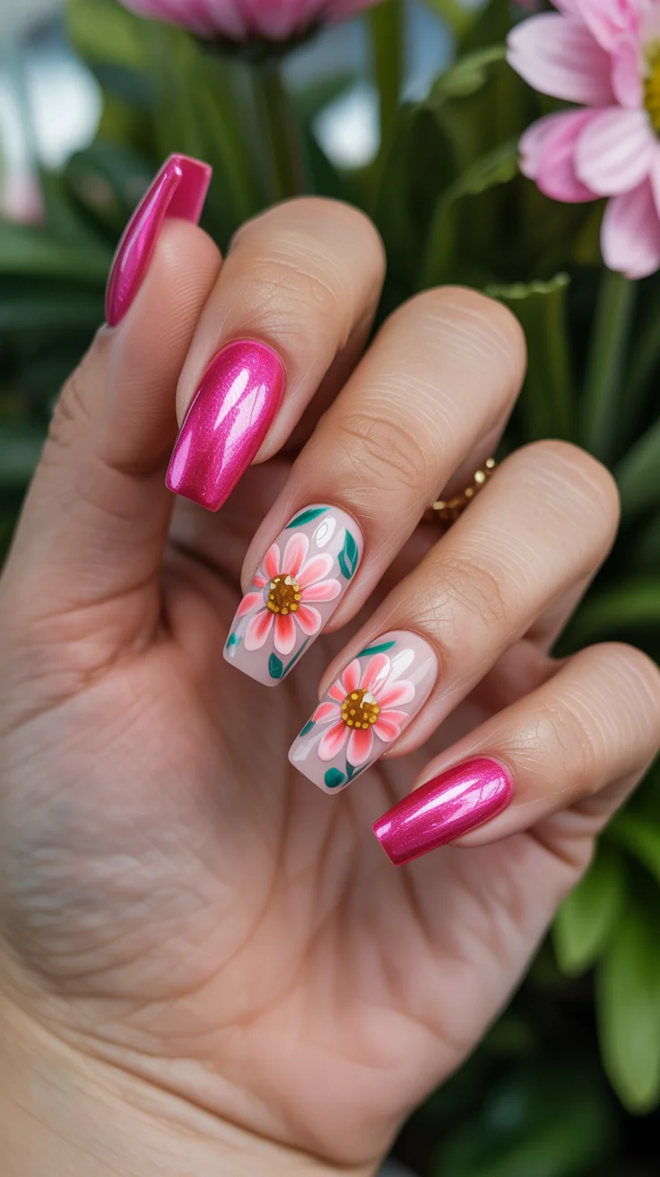 April nails ideas 2026 Pink Daisy Accent Nails for Playful April Florals