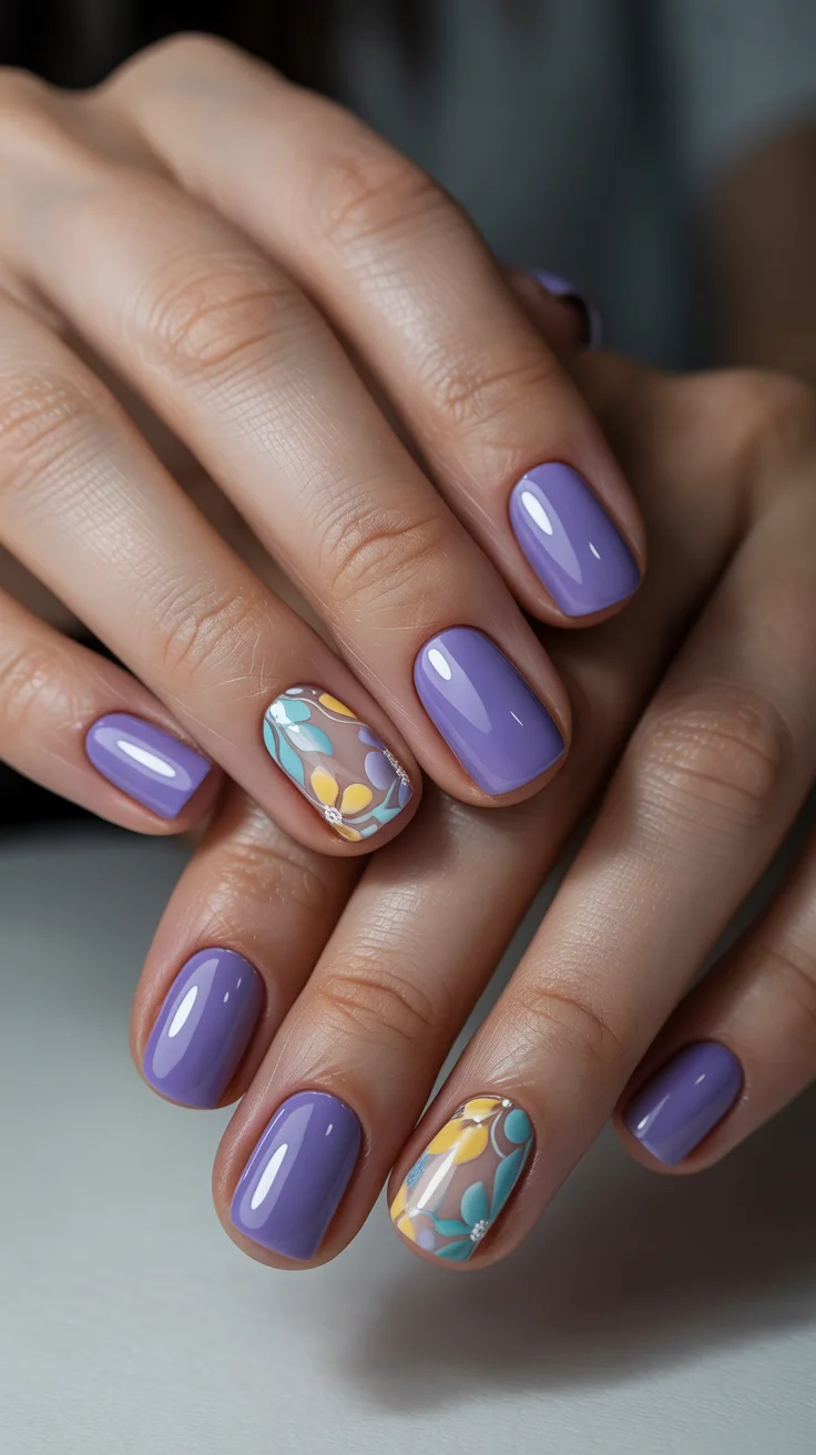 April nails ideas 2026 Lavender Gloss Nails with Abstract Floral Accent