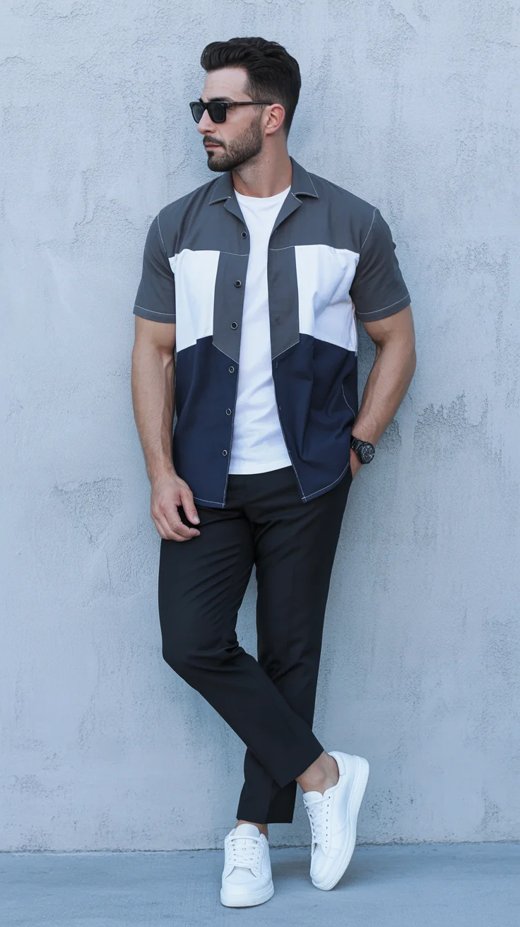 casual summer outfits men 2026 Sharp Casual with Graphic Panels That Add Just Enough Edge