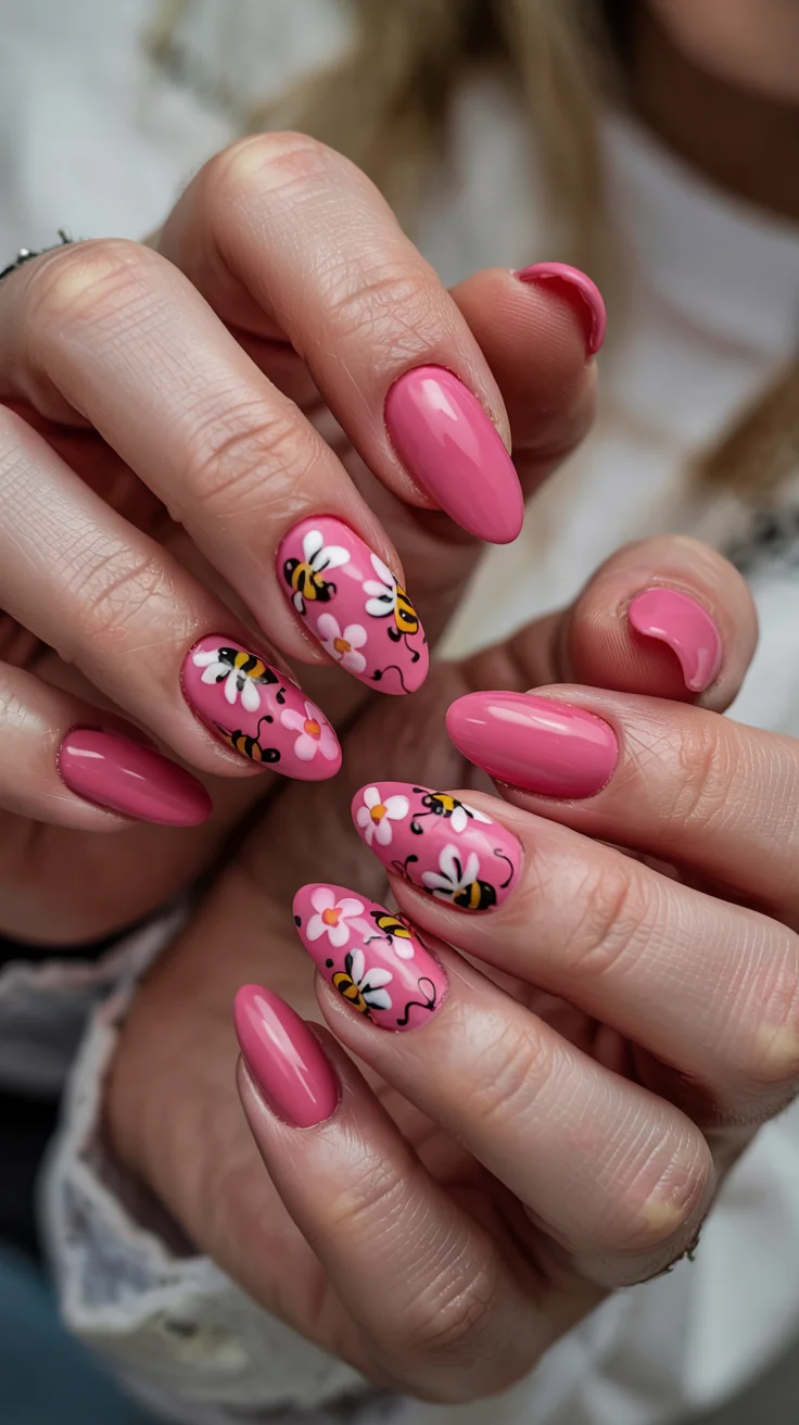 chic spring hot pink nails 2026 playful bees and blossoms