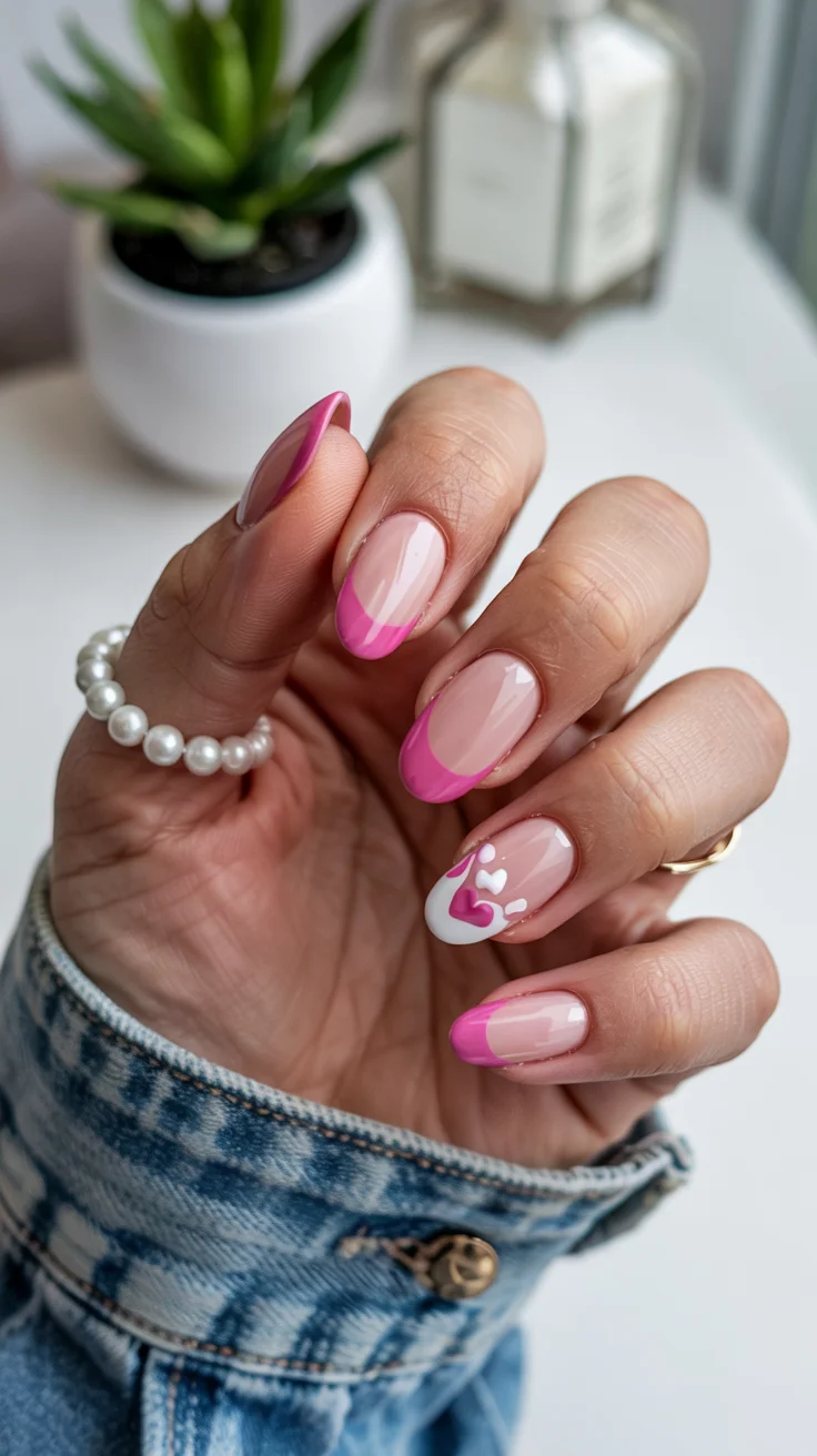 chic spring hot pink nails 2026 heart accent french manicure