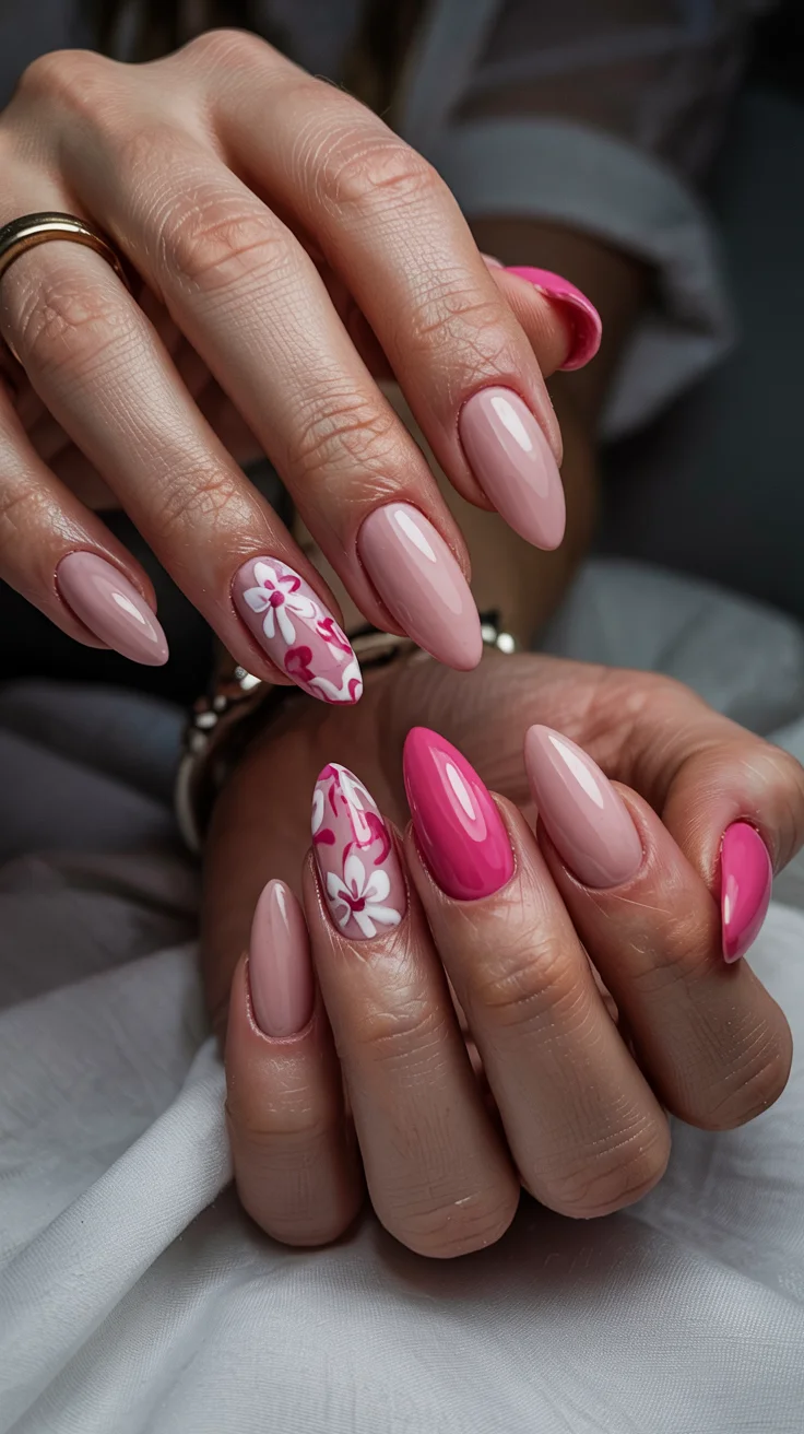 chic spring hot pink nails 2026 floral nude almond manicure