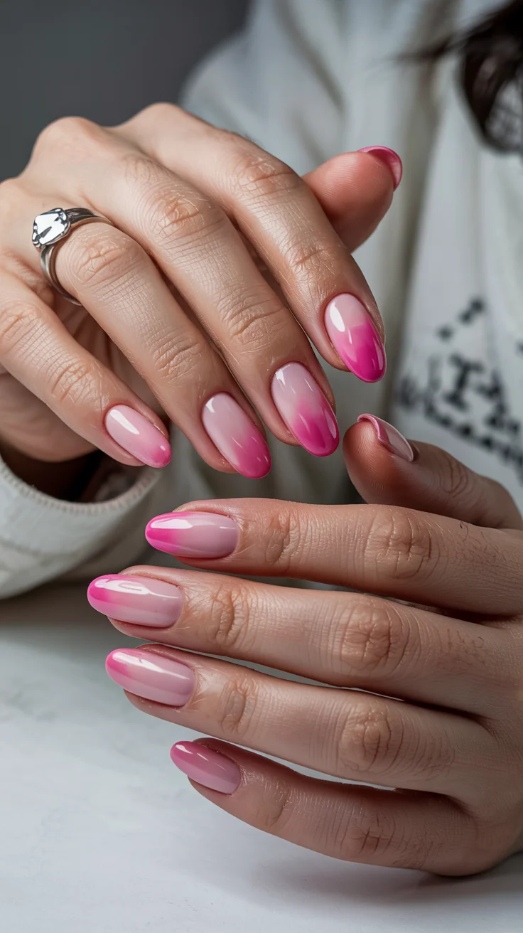 chic spring hot pink nails 2026 pink ombre almond manicure