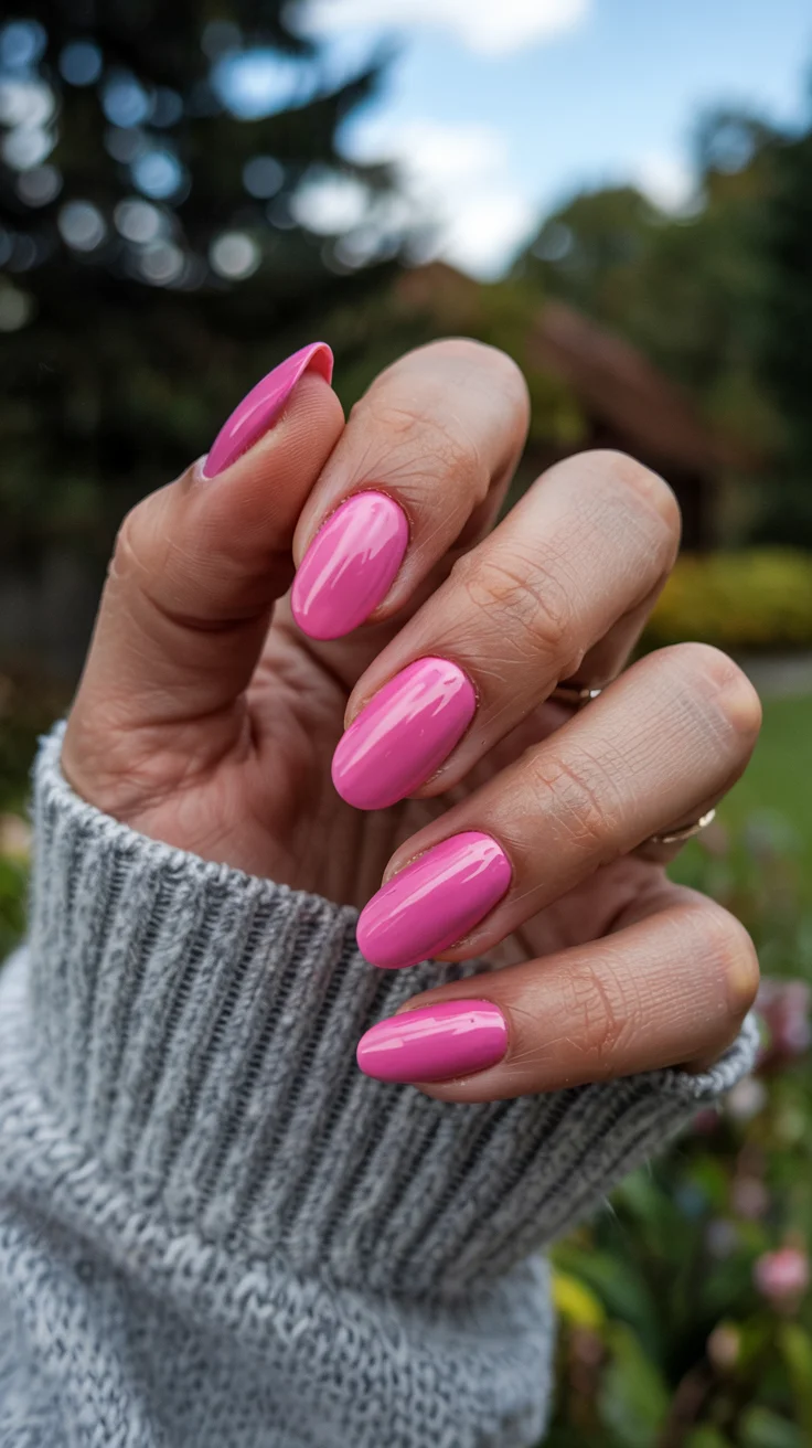 chic spring hot pink nails 2026 classic glossy almond manicure