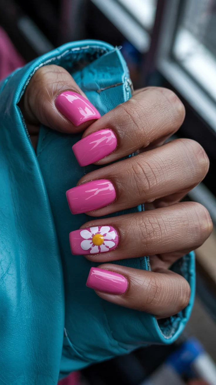 chic spring hot pink nails 2026 daisy accent manicure