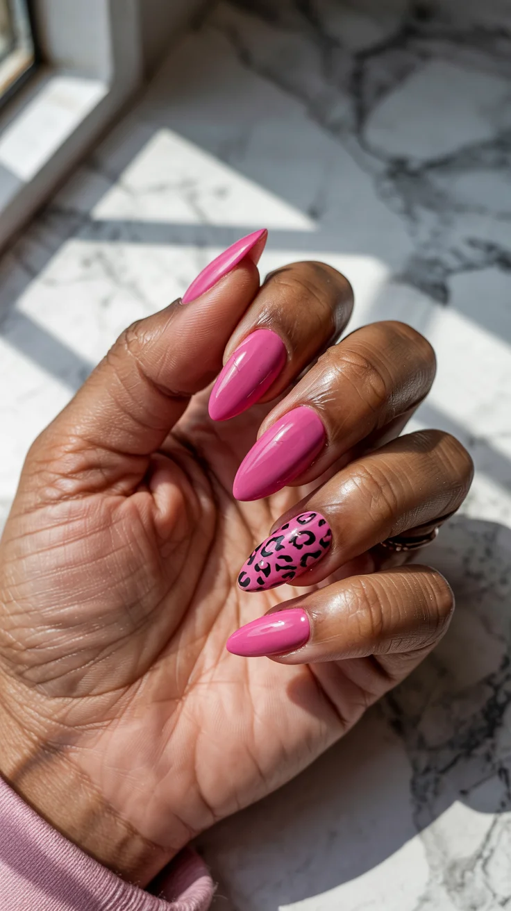 chic spring hot pink nails 2026 leopard accent manicure
