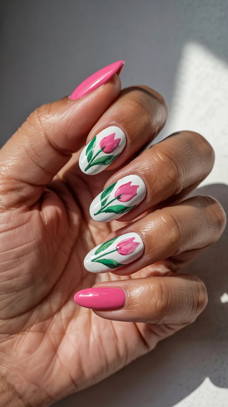 chic spring hot pink nails 2026 tulip floral manicure