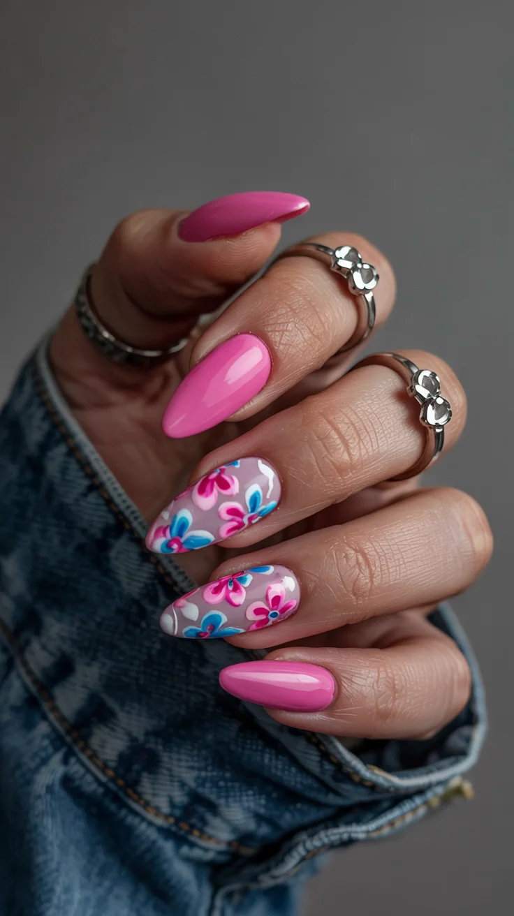 chic spring hot pink nails 2026 modern floral almond manicure