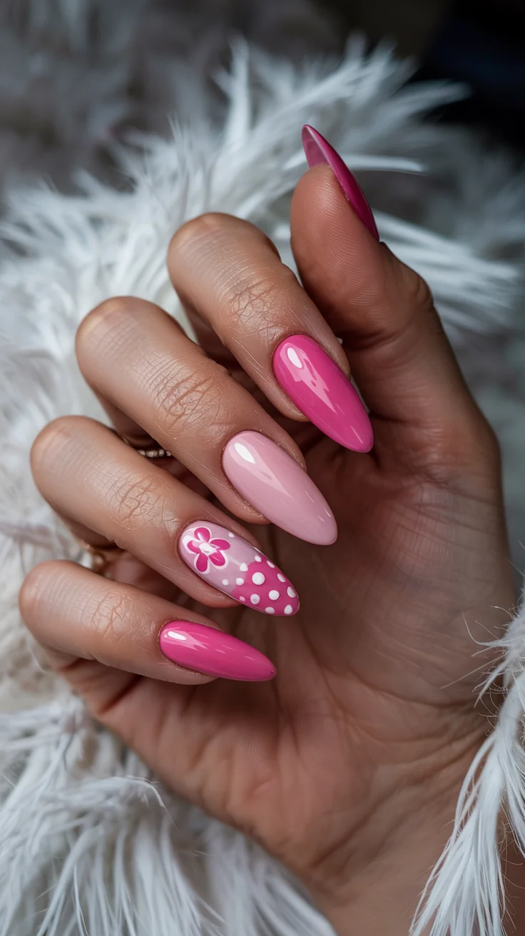 chic spring hot pink nails 2026 pink polka dot floral manicure