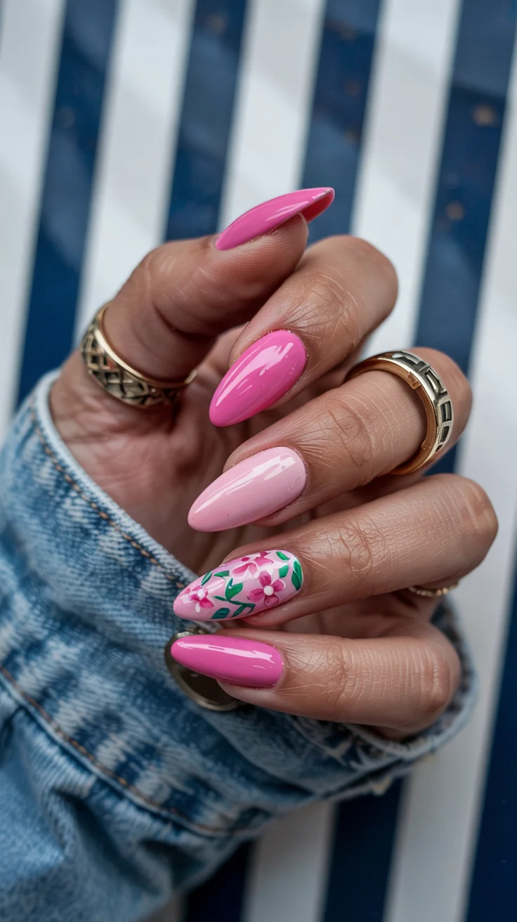 chic spring hot pink nails 2026 elegant single floral accent