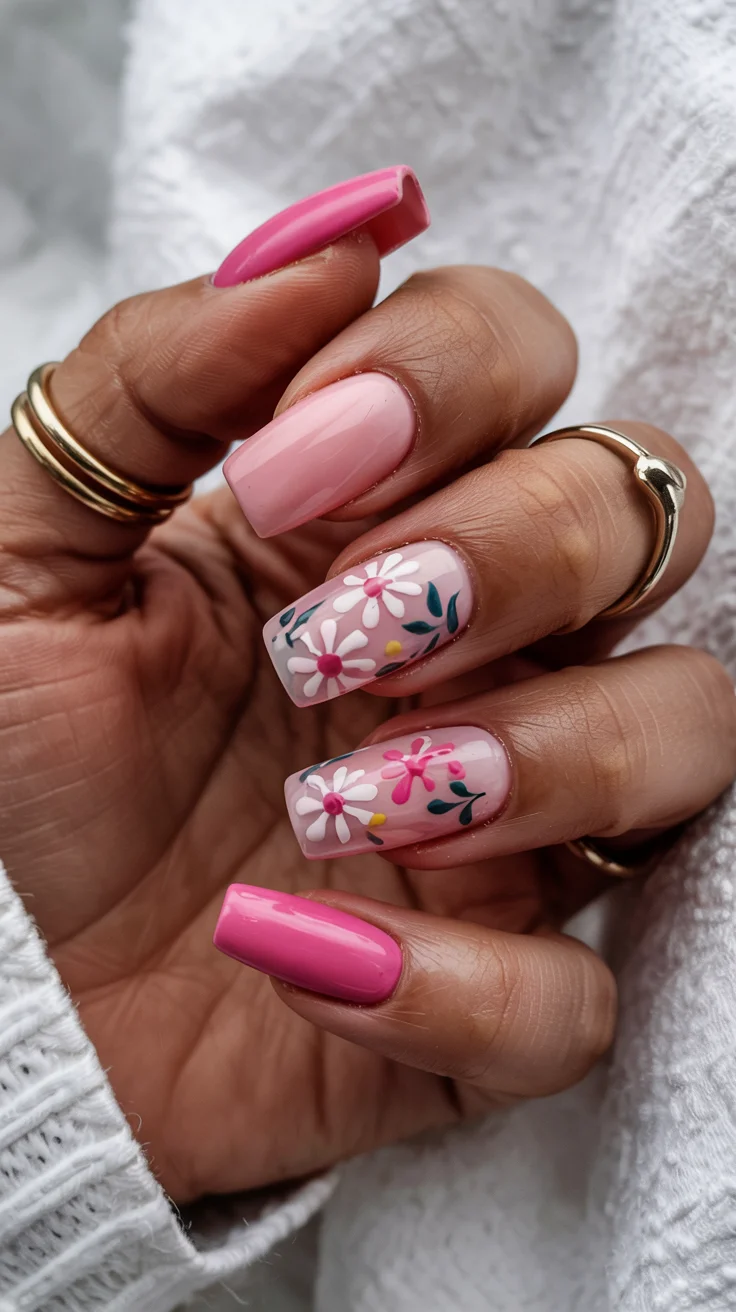 chic spring hot pink nails 2026 square daisy floral manicure