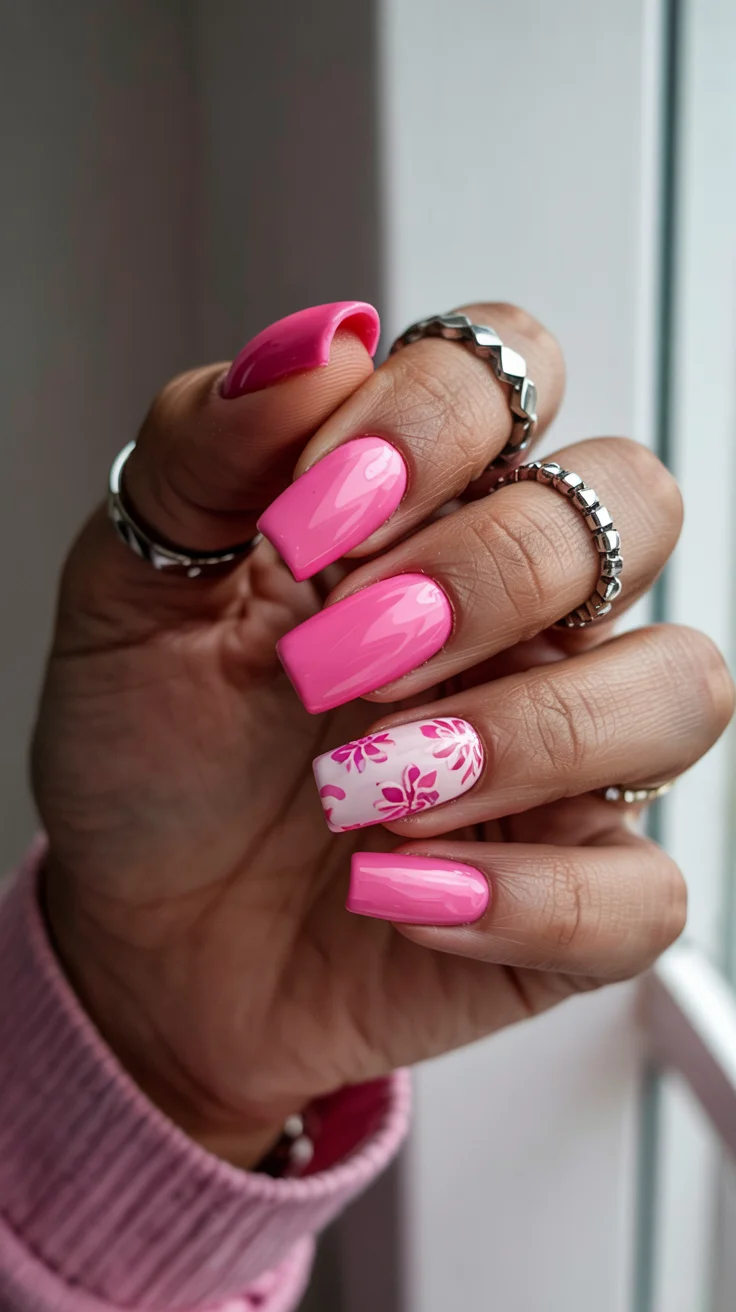 chic spring hot pink nails 2026 glossy square botanical accent