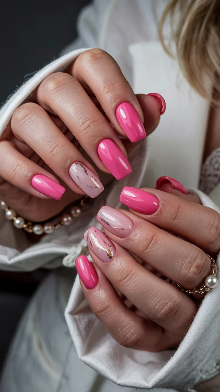 chic spring hot pink nails 2026 pink marble gold accent