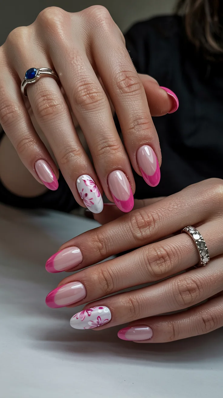 chic spring hot pink nails 2026 floral french manicure