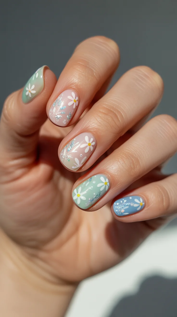 cute easter nail art ideas 2026 pastel daisy glitter nails