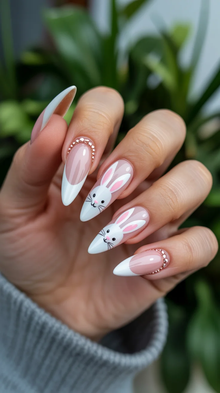 cute easter nail art ideas 2026 french bunny rhinestone nails