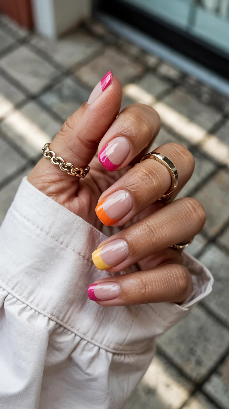 cute short spring nails 2026 Playful Multi Color French Tips for Early Spring