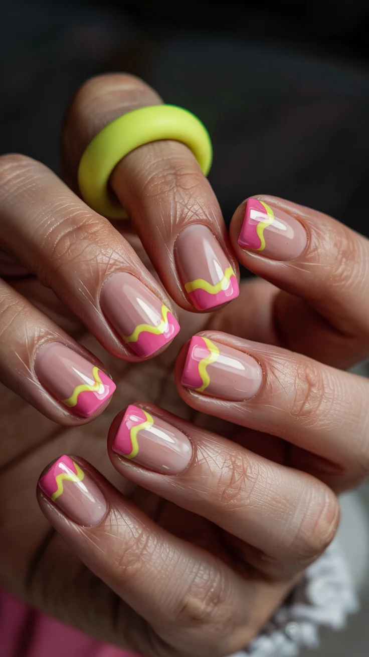 cute short spring nails 2026 Wavy Neon French Edge Design