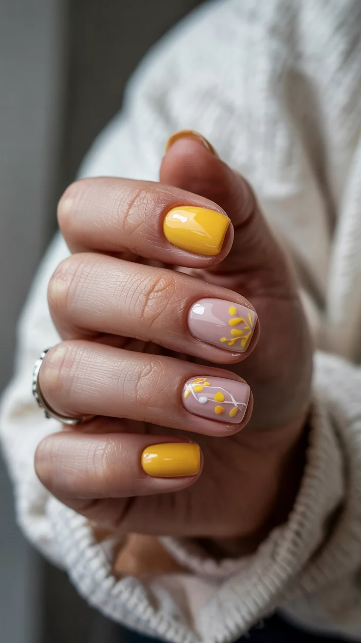 cute short spring nails 2026 Sunny Yellow Botanical Accent Nails