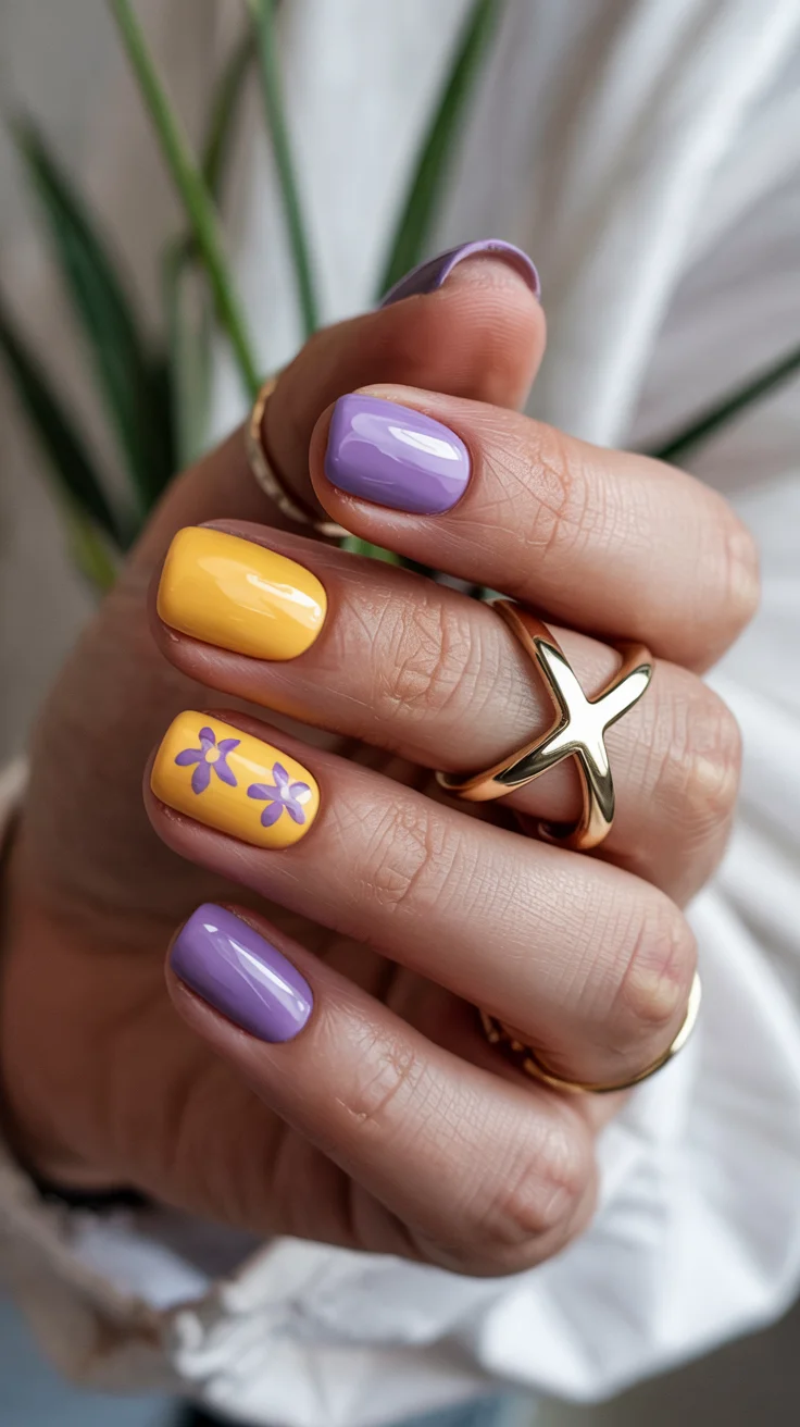 cute short spring nails 2026 Lavender and Yellow Floral Spring Mix