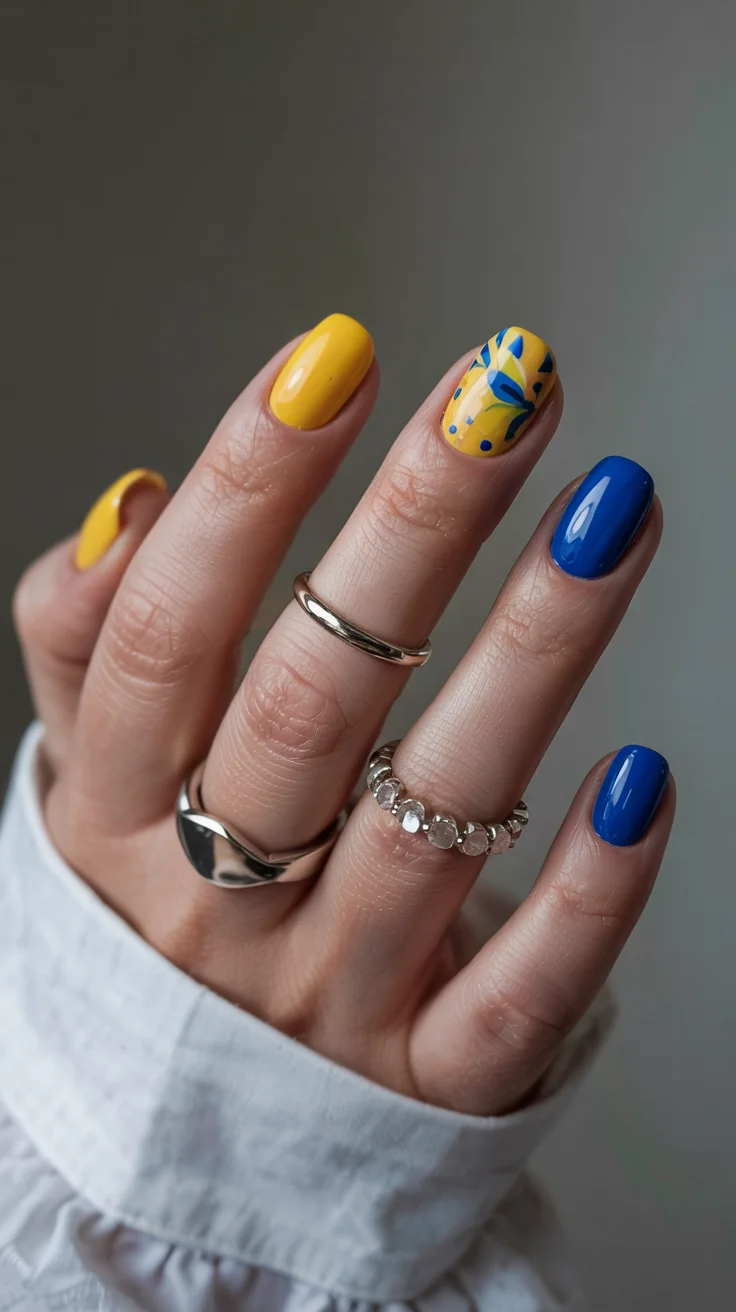 cute short spring nails 2026 Bold Blue and Yellow Graphic Spring Nails