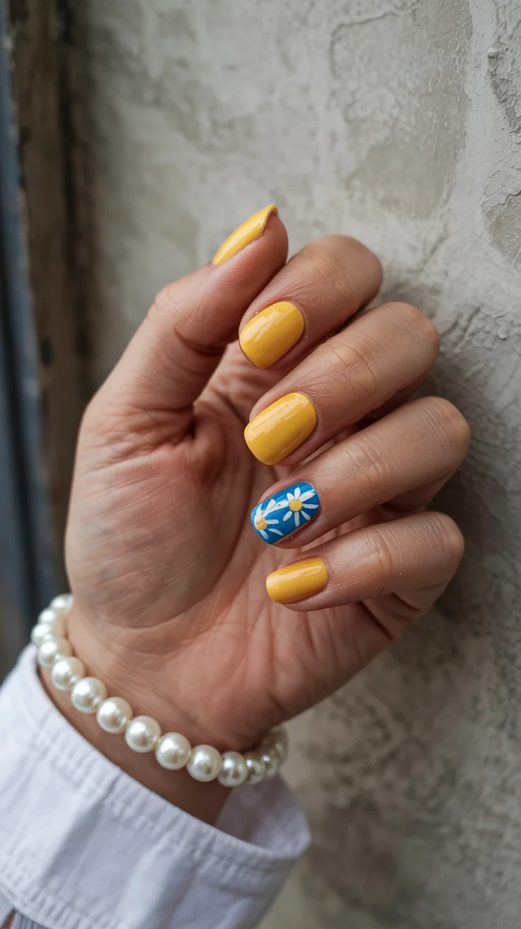 cute short spring nails 2026 Classic Yellow with Daisy Accent Nail