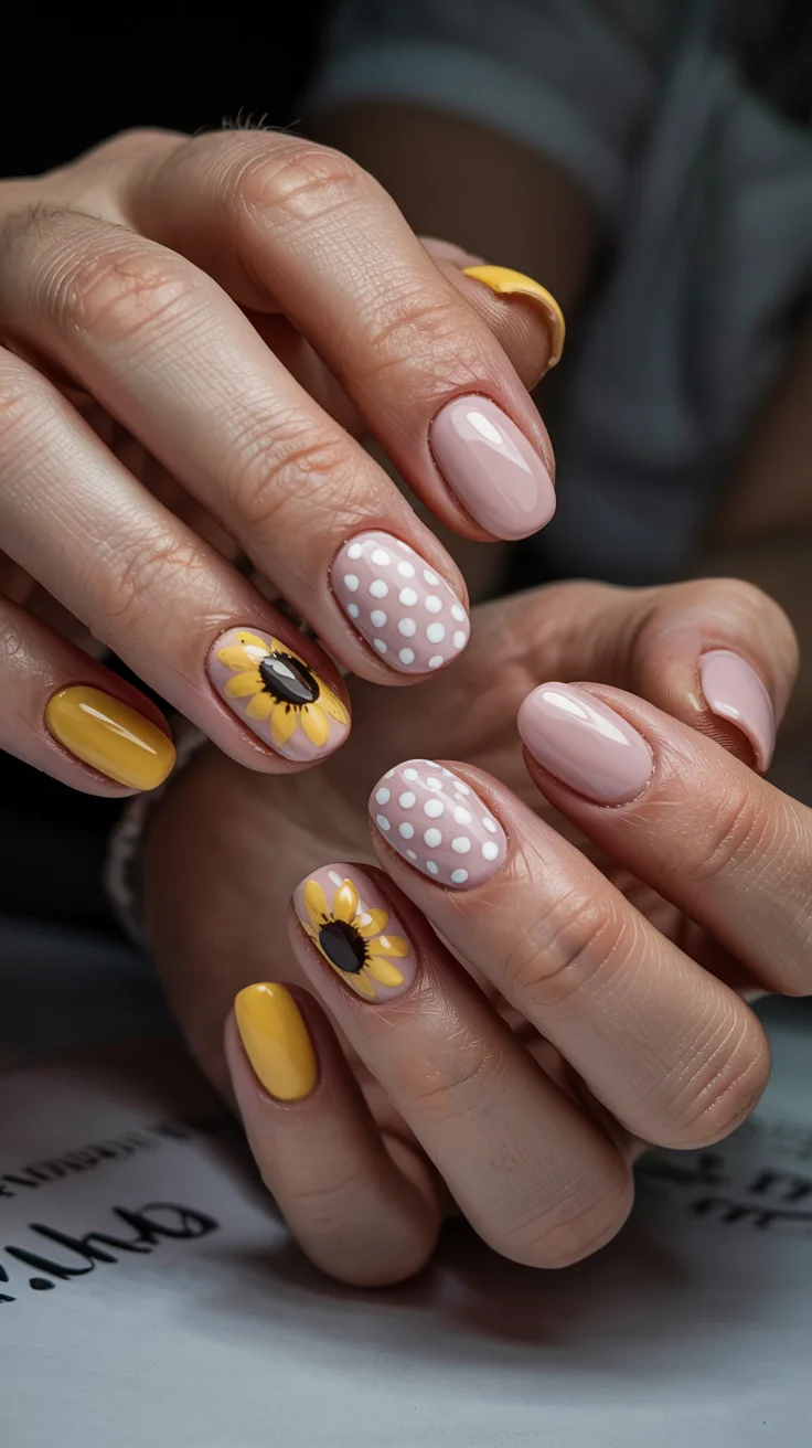 cute short spring nails 2026 Sunny Sunflower and Polka Dot Spring Nails