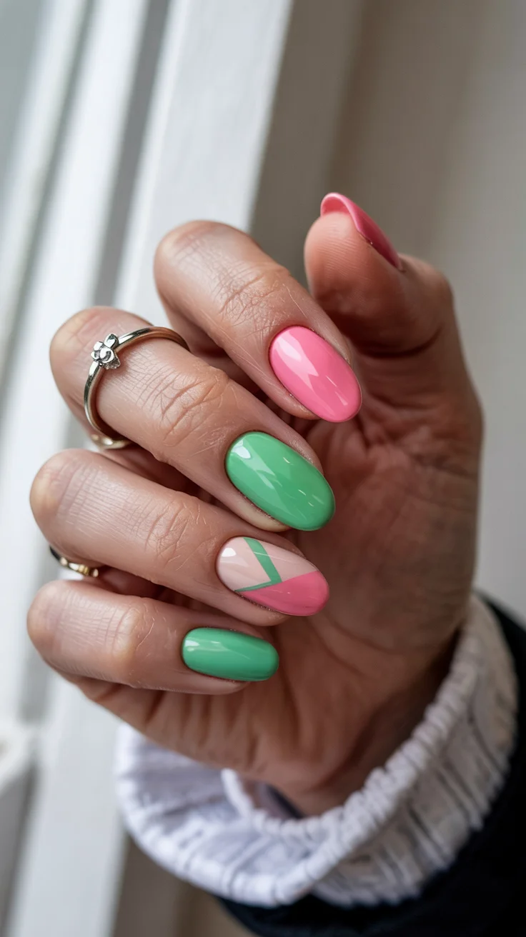 cute short spring nails 2026 Fresh Mint and Pink Color Block Nails