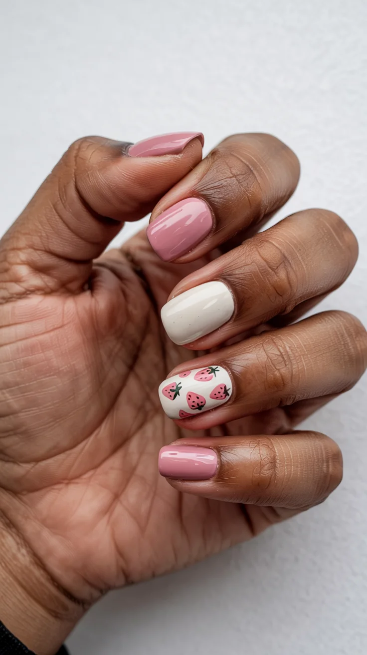 cute short spring nails 2026 Soft Pink Strawberry Accent Nails
