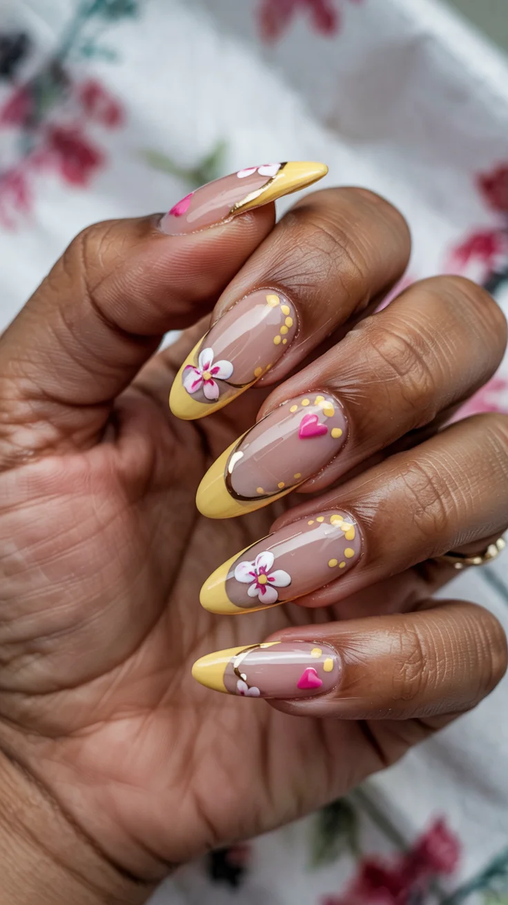 cute spring long nails for 2026 Sunny Floral French for Playful Spring Days