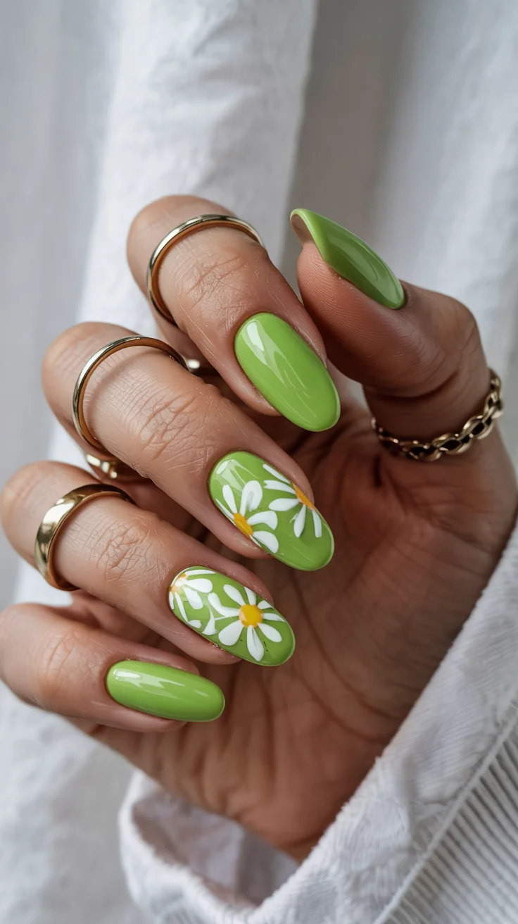 cute spring long nails for 2026 Fresh Green Daisy Nails for Bright Spring Energy