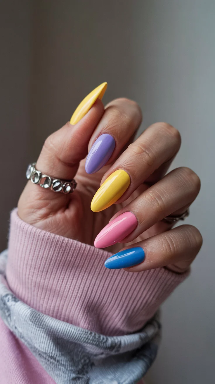 cute spring long nails for 2026 Playful Pastel Rainbow Almond Nails