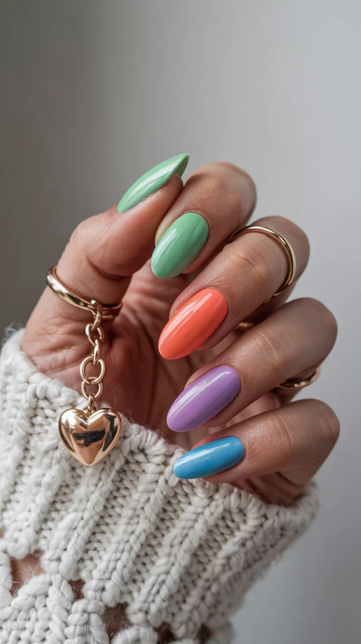cute spring long nails for 2026 Soft Spring Mix Almond Nails with Coral Accent