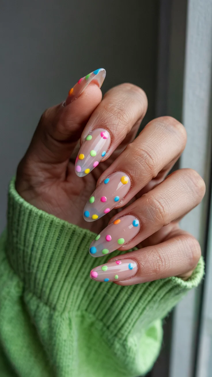 cute spring long nails for 2026 Colorful Confetti Dot Nails on a Sheer Base