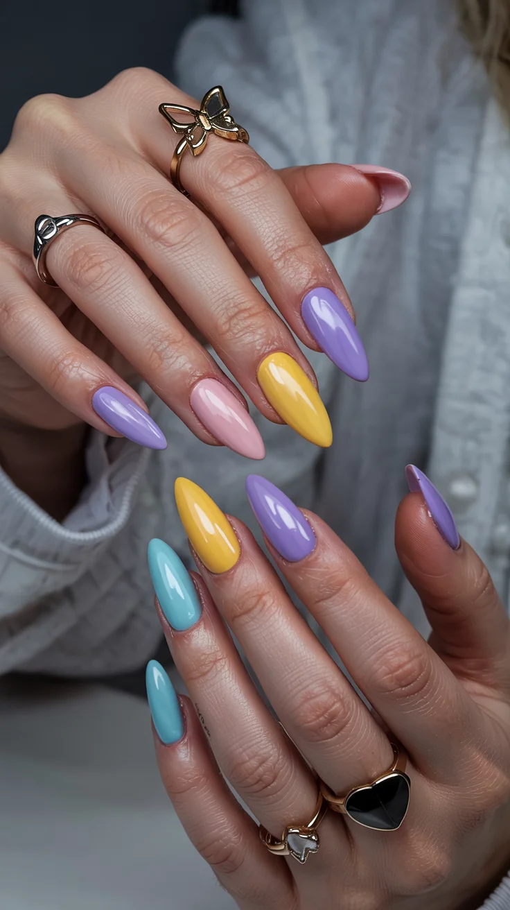 cute spring long nails for 2026 Soft Pastel Mix Almond Nails for Playful Spring Color