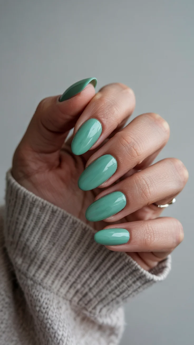 cute spring long nails for 2026 Glossy Mint Almond Nails with a Clean Minimalist Finish
