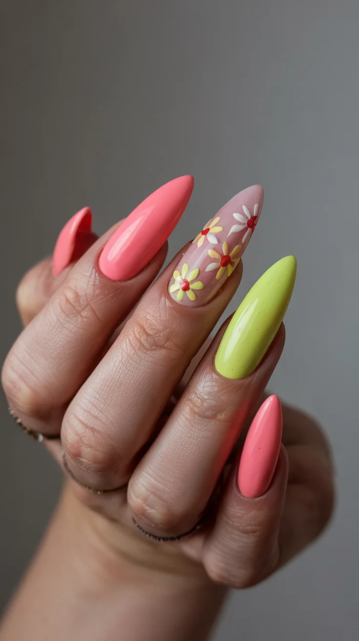 cute spring long nails for 2026 Coral and Lime Daisy Nails for Cheerful Spring Energy