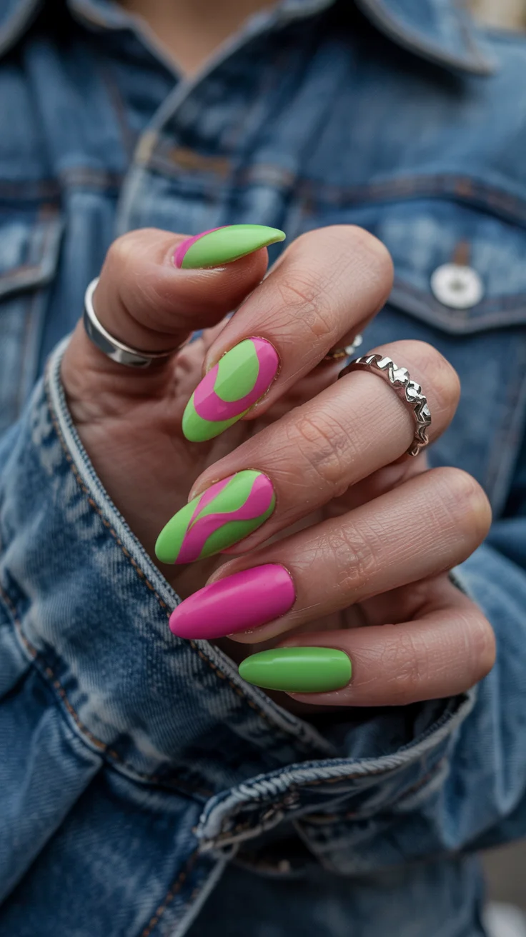 cute spring long nails for 2026 Bold Pink and Green Swirl Nails for Modern Spring Style