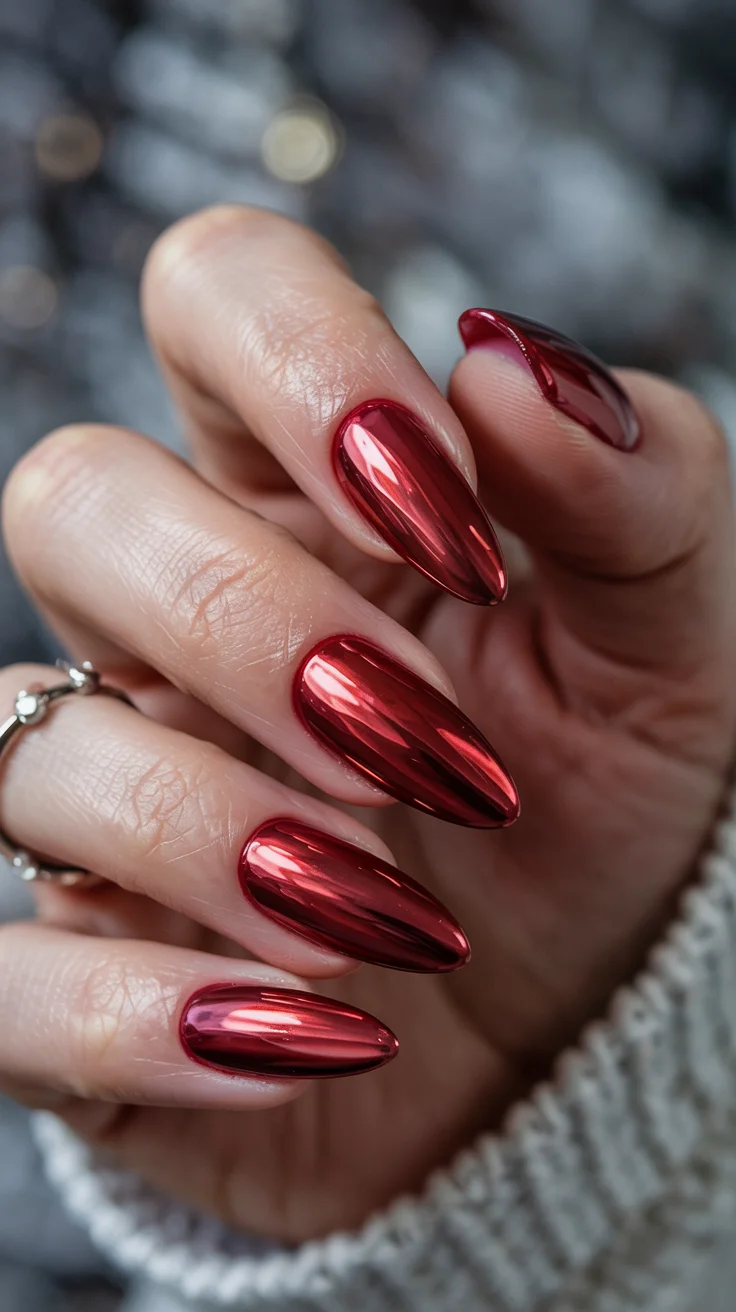 cute spring long nails for 2026 Cherry Chrome Almond Nails with a Glossy Mirror Finish