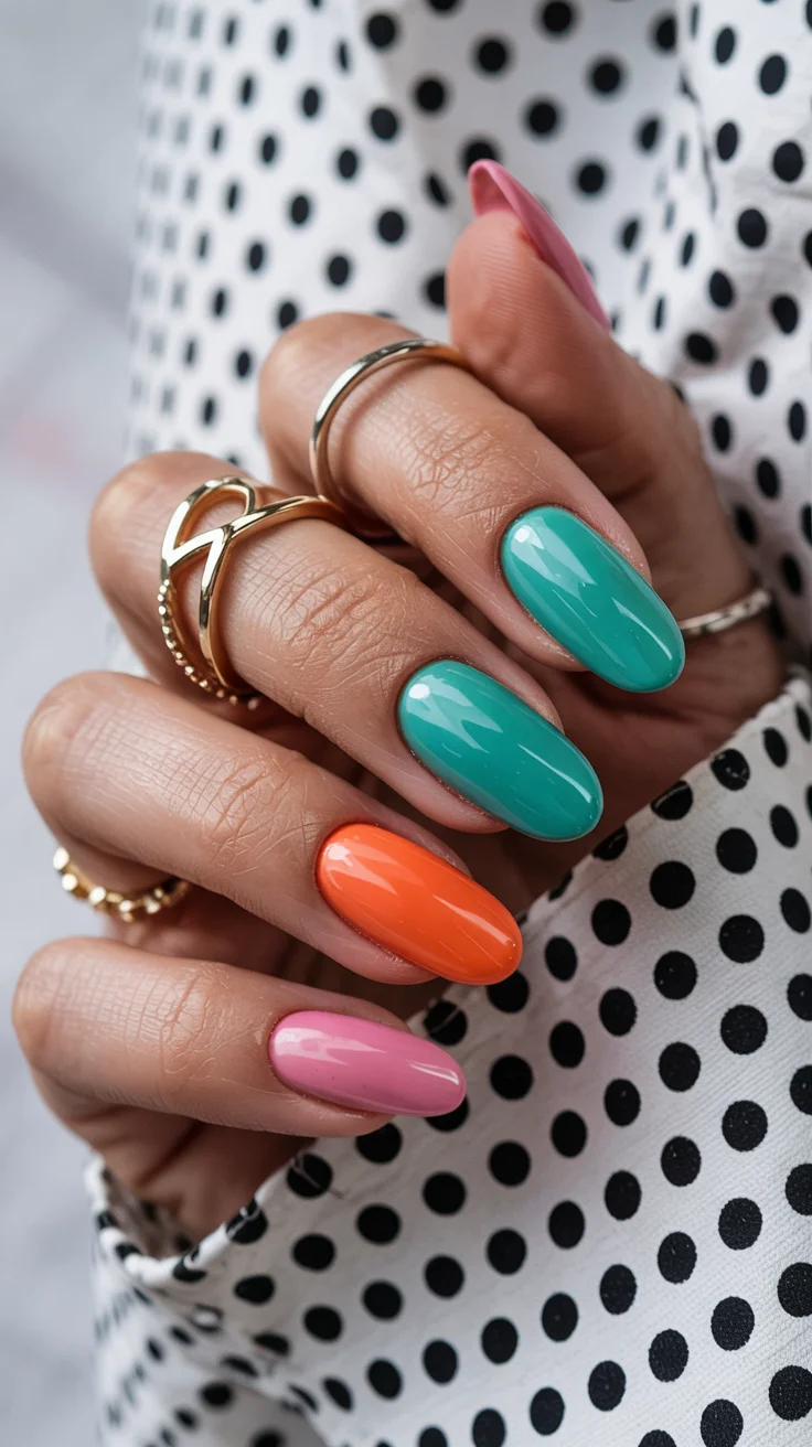 cute spring long nails for 2026 Fresh Color Block Almond Nails with Polished Spring Tones