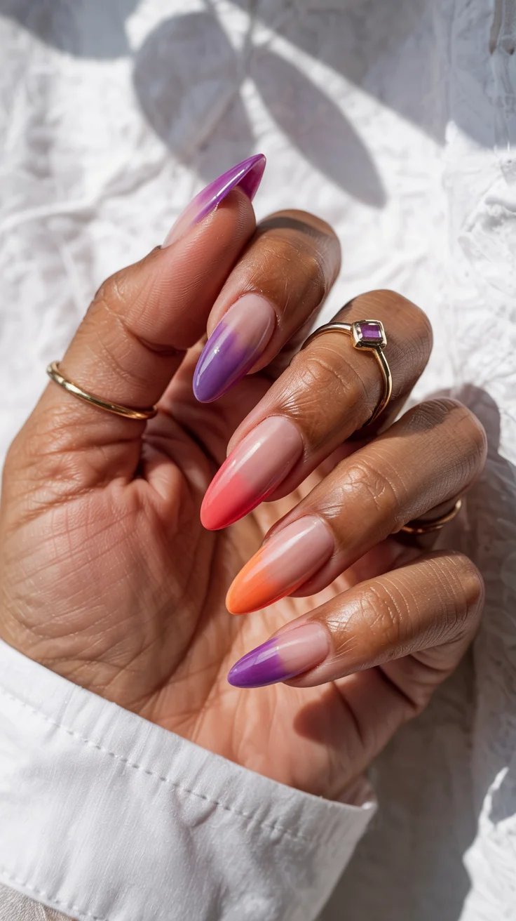 cute spring long nails for 2026 Sunset Ombre Almond Nails for a Soft Spring Glow