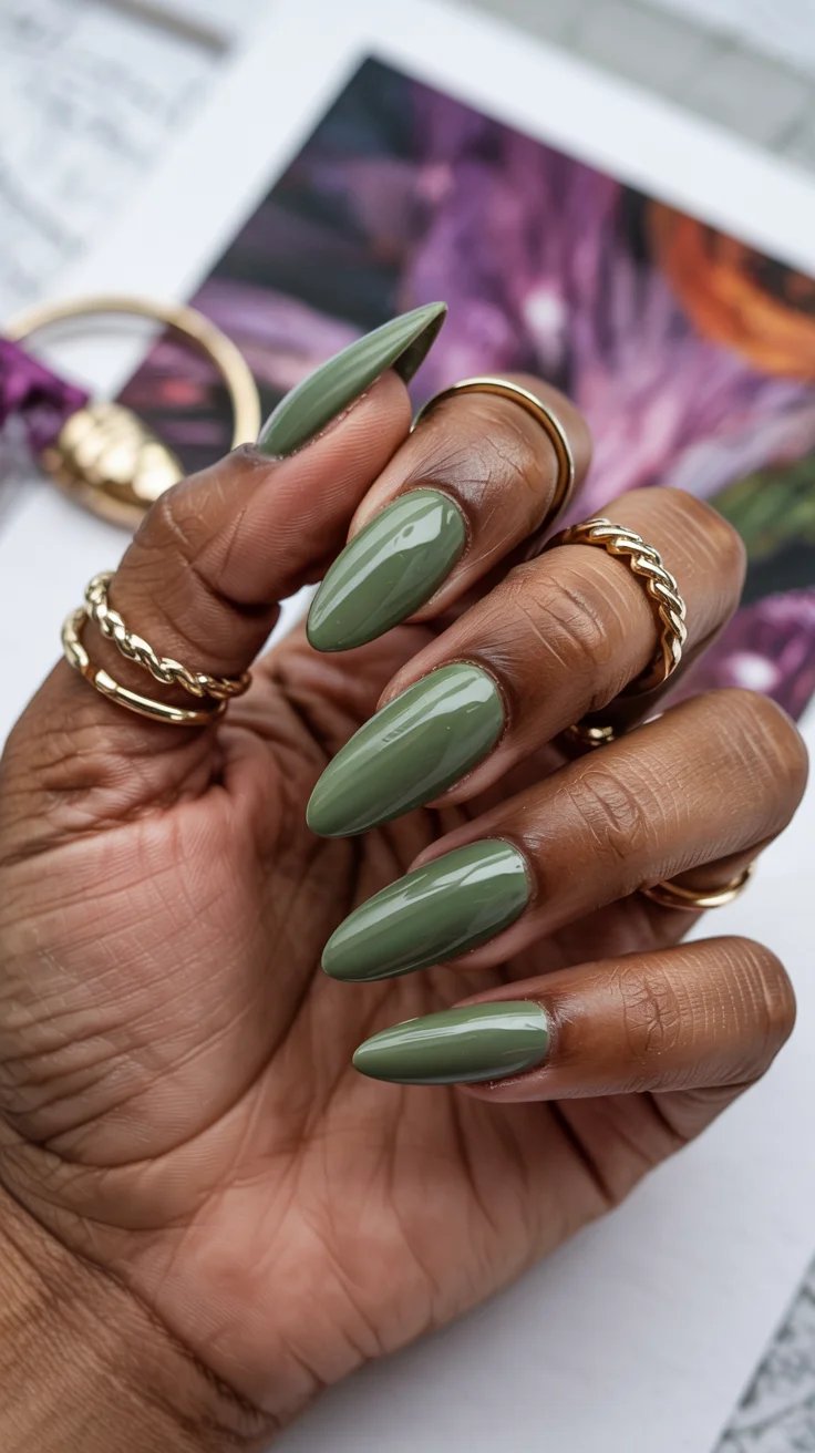 cute spring long nails for 2026 Soft Olive Green Almond Nails with a Minimalist Mood