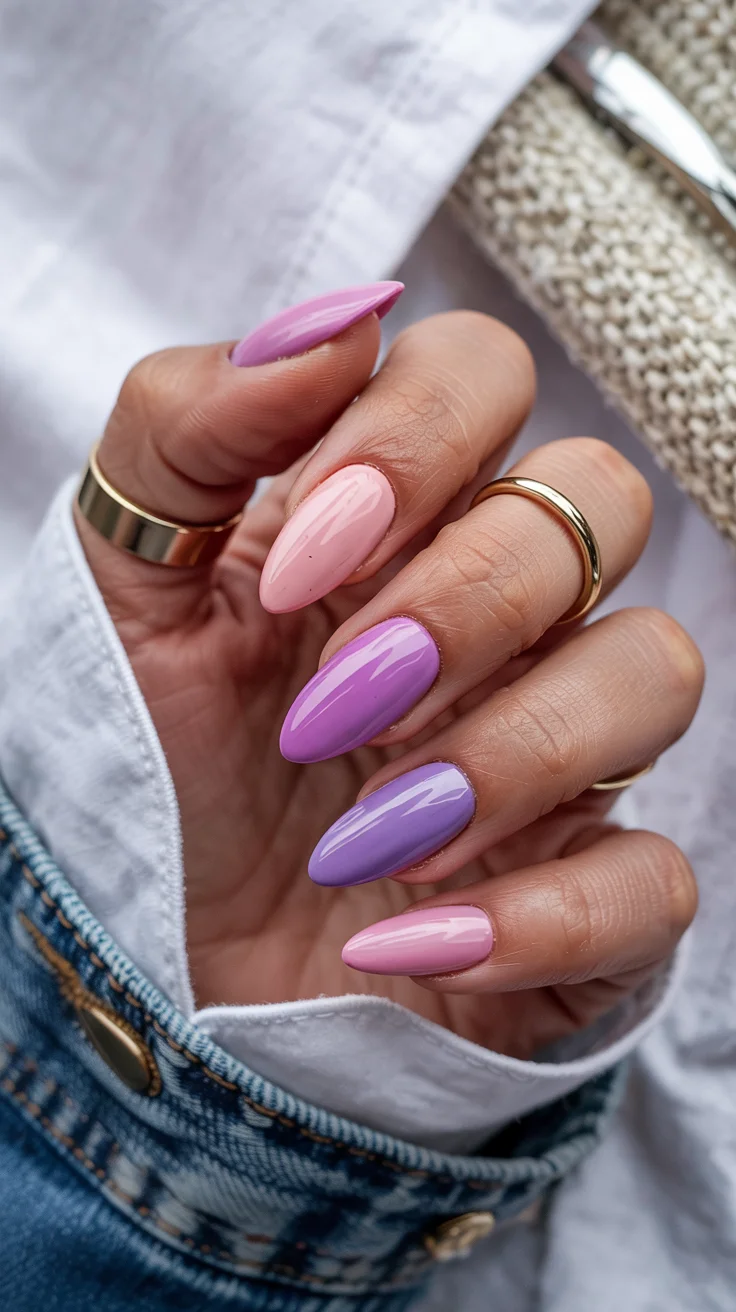 cute spring long nails for 2026 Lavender and Blush Color Block Almond Nails