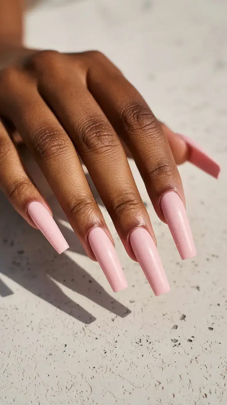cute spring nails for tan skin 2026 Glossy Blush Coffin - The Soft Power Move