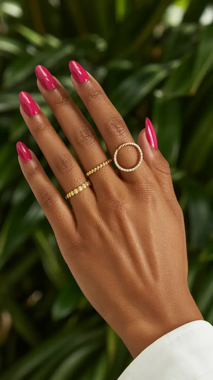 cute spring nails for tan skin 2026 Hot Pink Almond - Bold Bloom Energy