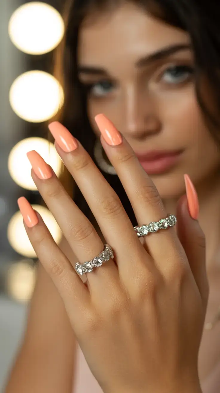 cute spring nails for tan skin 2026 Soft Peach Coral - Golden Hour Glow