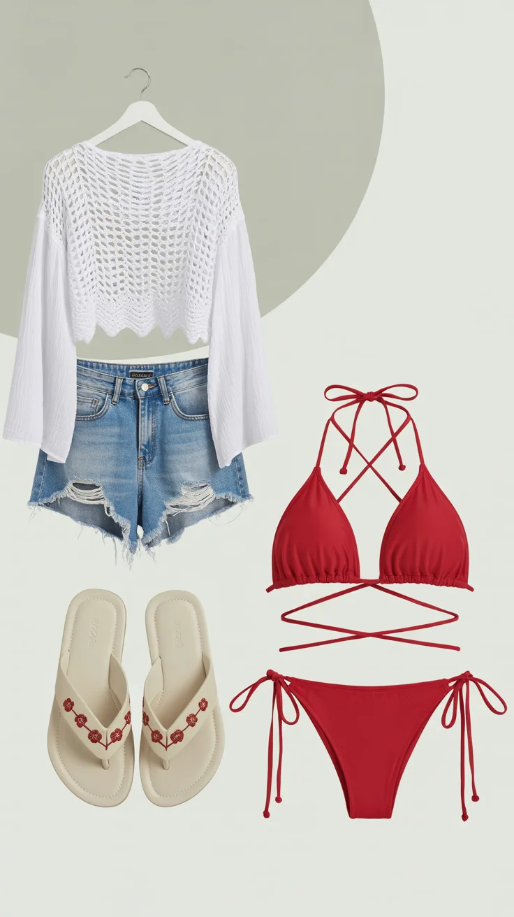 cute summer outfits for teens 2026 Beach Day Layers with a Pop of Red