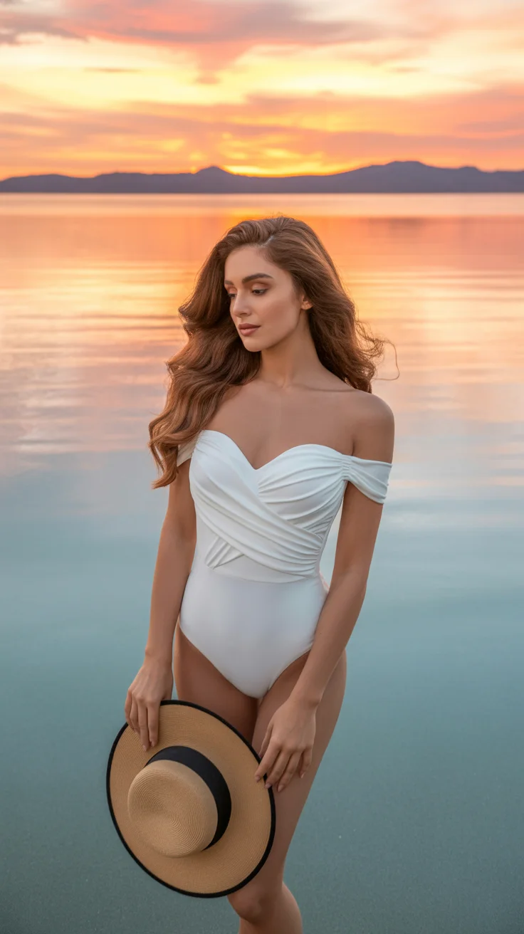 cute swimsuits outfits ideas for summer 2026 Soft White Draped One-Piece With Feminine Silhouette
