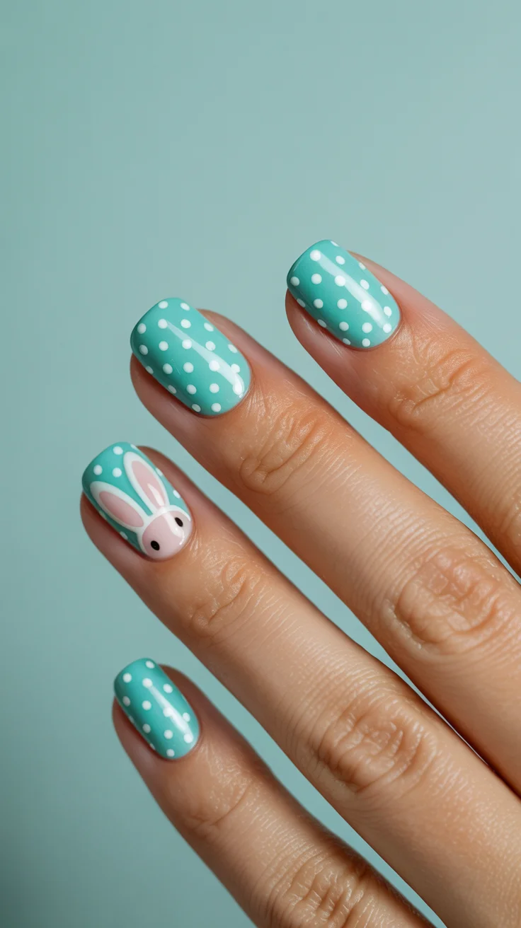 easter nails color ideas 2026 Mint Polka Dots With a Playful Bunny Accent